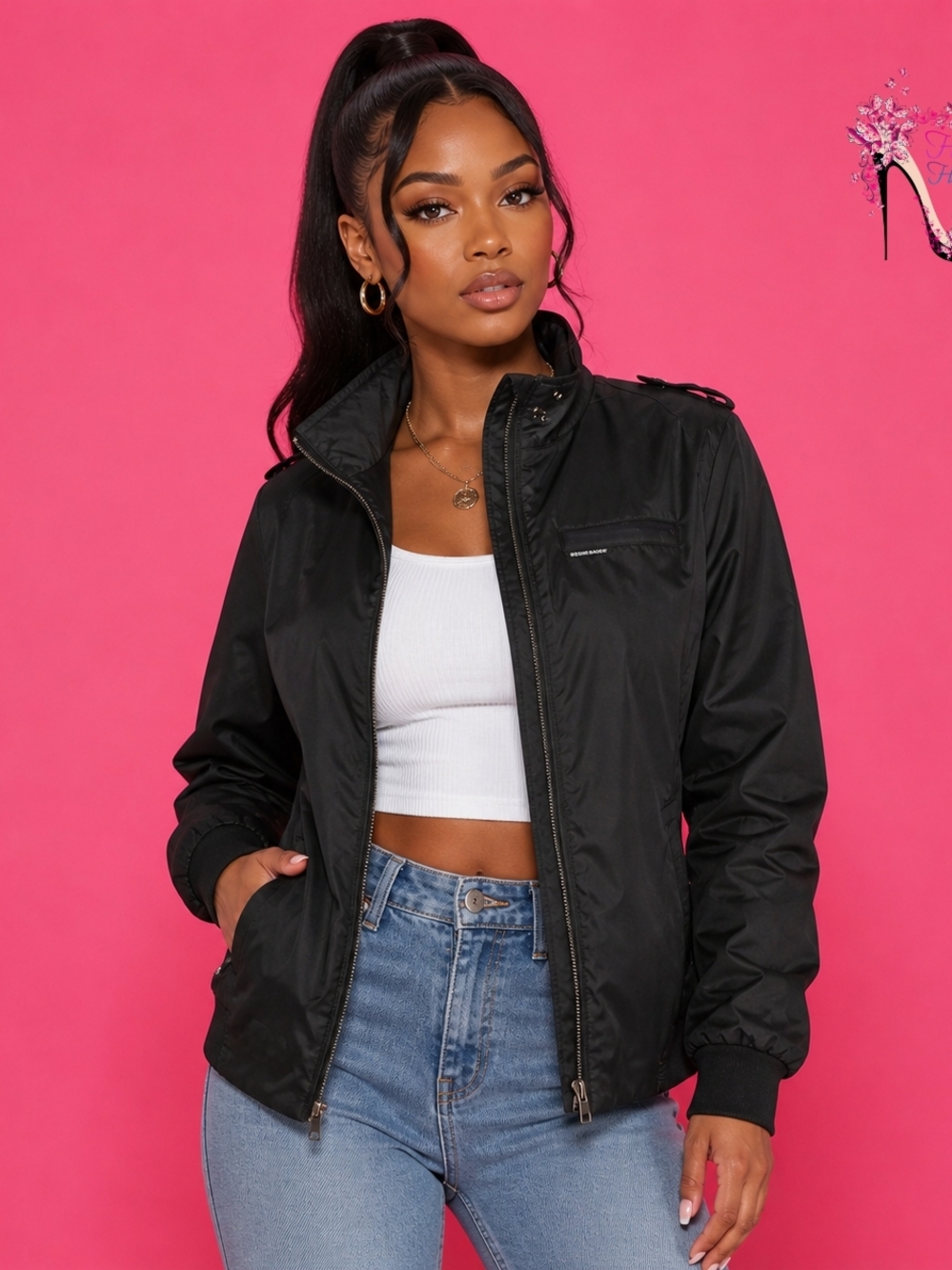 Women's  Members Only Black Bomber Jacket - Lightweight Casual Zip-Up